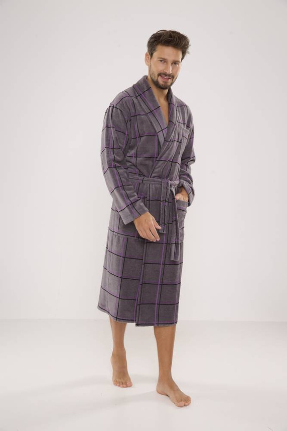 803 / 819 Мъжки халат от хавлиена материя Twin Forex - сив с лилаво каре (сиво каре)