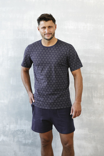 Ricardo Мъжка пижама с къс ръкав, къси панталони Италианска мода - морско синьо/принт