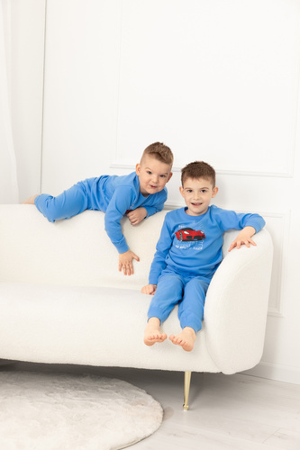 Пижама Gordo за момчета - памучна, с дълъг ръкав и панталон с шнур Италианска мода - синя
