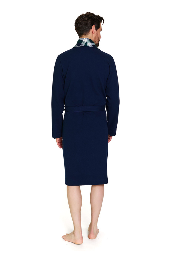 7366 Доктор Нап | Мъжки първокласен тъмносин халат с карирано покритие - 100% памук - тъмносин