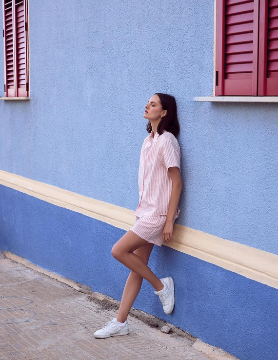 Пижама Selene Sensis бяло-розова лен памук райе