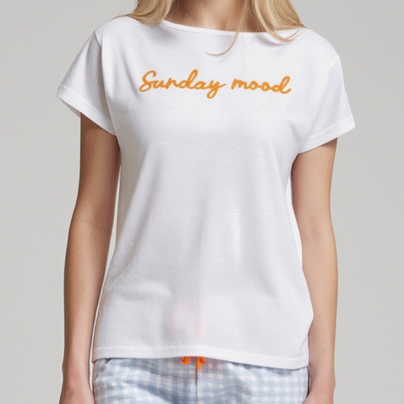 Dana Piżama damska Sorbetto niebieska  – bawełna 100%, krótki rękaw, spodnie w kratkę, komplet