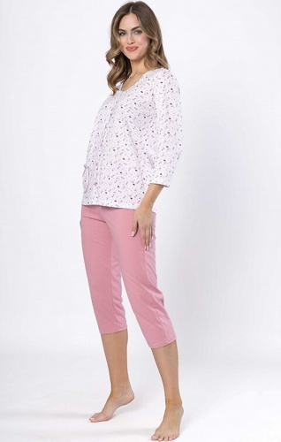 Дамска пижама Добрусия 1636 – розов памук, 3/4 ръкав, закопчаване с копчета