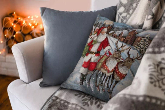 Chp 6130 Гоблен Коледна калъфка за възглавница Дядо Коледа Елени Еврозавеси сиво