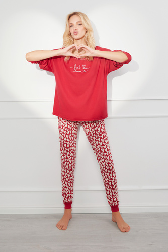 Evora Дамска пижама с дълъг ръкав и дълъг панталон Италианска мода - червено/принт