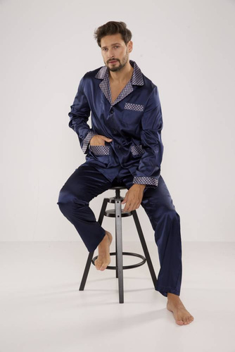 939 Мъжка сатенена пижама - тъмносиня 