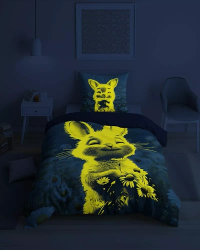 5548 A Fluo 95 Светещо в тъмното спално бельо, зайче на цветя, 100% памук | За деца Detexpol