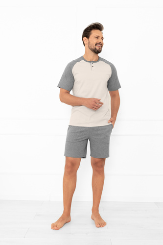 Мъжка пижама Alexander Italian Fashion в бежово - къси ръкави и къси панталони, 100% памук 