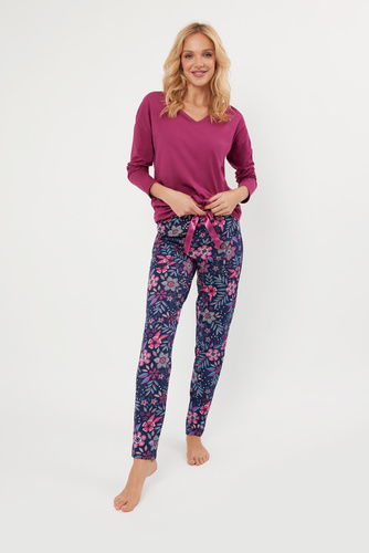 Folk Дамска пижама с дълъг ръкав и дълъг панталон Италианска мода - къпина/принт