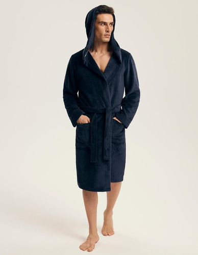 Мъжки халат Henderson 43374 Naps в тъмносиньо - качулка, топла плетка, комфорт и елегантност