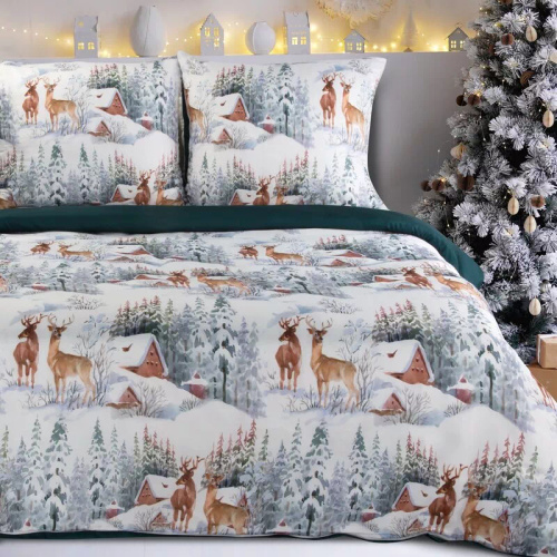 Приказна Микрофибърна Коледна постелка Еврозавеси зелен зимен пейзаж - мека, лека и лесна за поддръжка, с цип