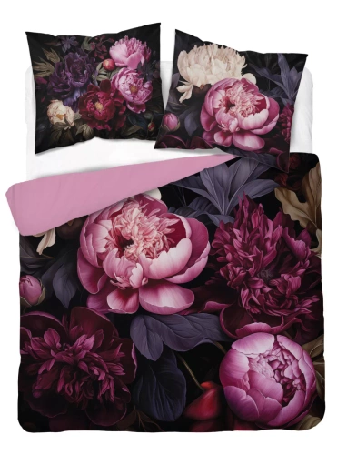 5129 Комплект спално бельо от памук Holland Detexpol, черен с божури в нюанси на бордо и розово – 100% памук, двустранен, полско производство