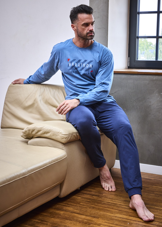 Piżama męska 322/301 Marathon niebieska– bawełna, długi rękaw, sportowy styl