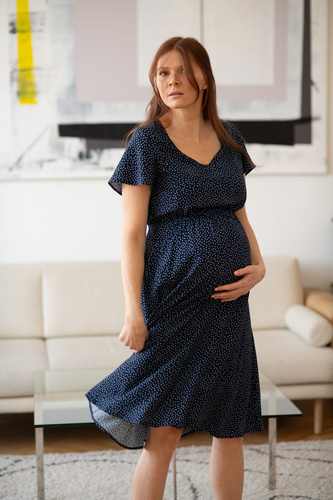 Lovely Dress Миди рокля за бременни и кърмачки, къс ръкав, Milk&Love, тъмносиня на точки