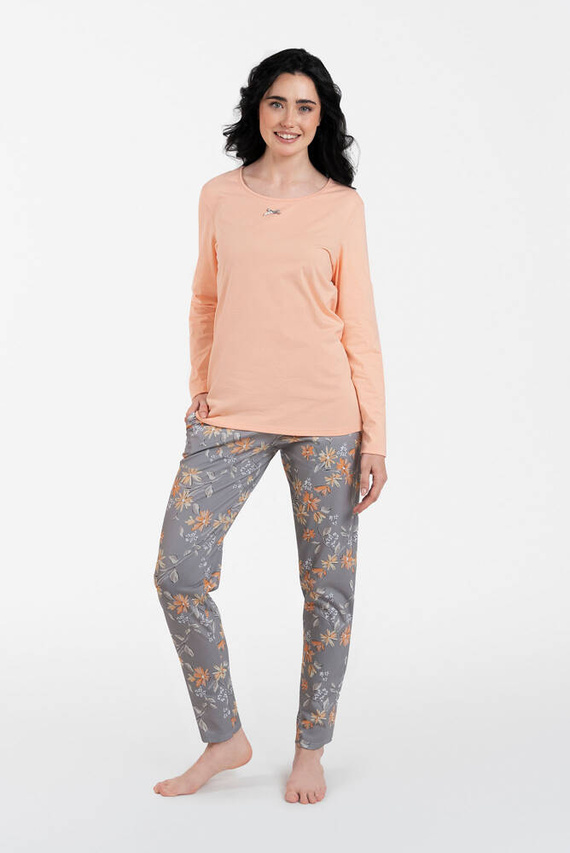 Kasali Дамска пижама с дълъг ръкав и панталон Италианска мода - сьомга/принт 