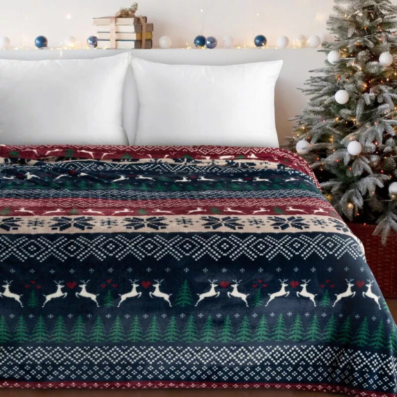 Коледно одеяло Eurofirany, тъмносиньо и червено със скандинавски мотив – меко одеяло от микрофибър, 240 г/м²