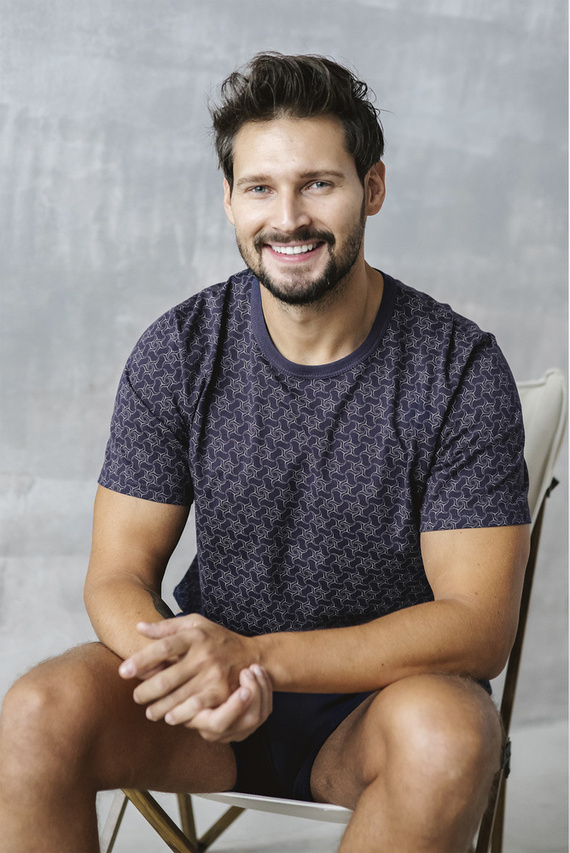 Ricardo Мъжка пижама с къс ръкав, къси панталони Италианска мода - морско синьо/принт