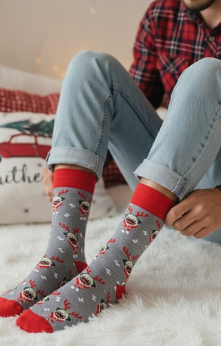 1290-036 Мъжки чорапи Mopsy Milena, сиви - коледни, цветни, памучни