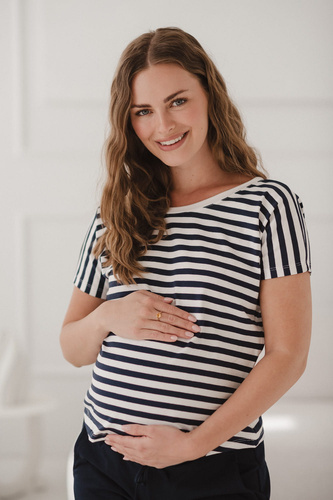 Two Ways двустранна блуза за бременни и кърмене | Къс ръкав, удобно Milk&Love морско синьо и бяло райе