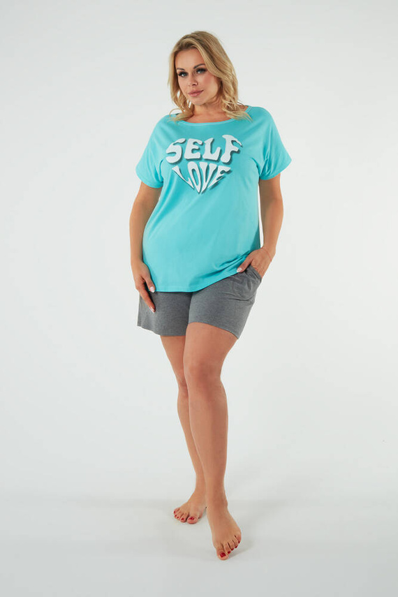 Selfie Дамска пижама с къс ръкав, къси панталони Италианска мода - тюркоаз/меланж