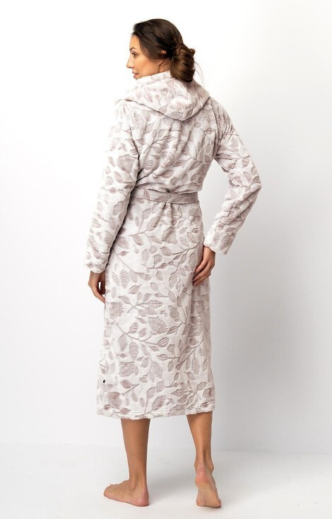 LGL 545 Дамски халат Key екрю-мока – мек, с качулка, завързва се на талията