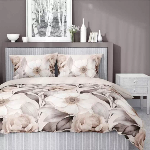 5220 A Сатенено спално бельо с щриховани цветя Detexpol бежово