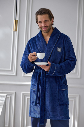 L&L Elegant 2664 Мъжки къс халат от вафлен плат, мек с яка, тъмносин