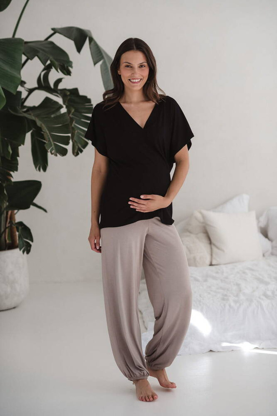 Moon bambusowa bluzka od piżamy ciążowej do karmienia krótki rękaw Milk&Love czarny