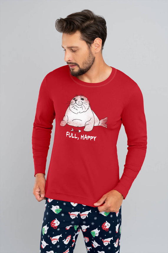 Мъжка пижама с дълъг ръкав и дълъг панталон Италианска мода - червено/принт морско синьо 