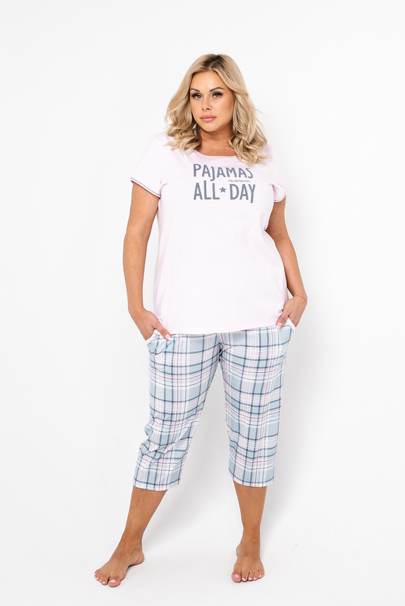 Glamour Дамска пижама с къс ръкав и 3/4 панталон Италианска мода - розово/принт