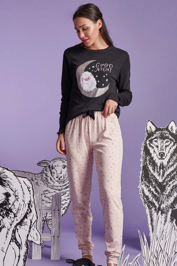 Черна дамска пижама Shearly Sorbetto - 100% памук, 3D апликация, панталон с маншети