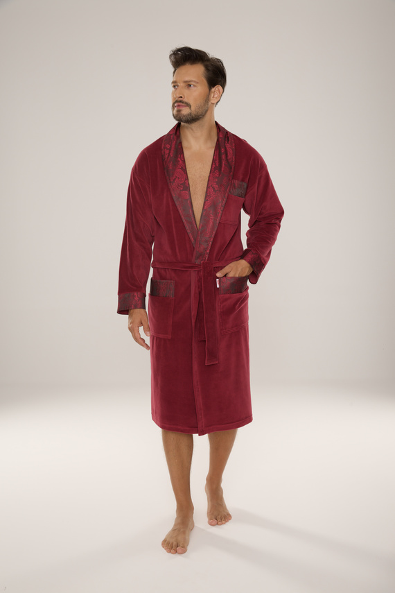 868 Благороден мъжки велурен халат De Lafense - елегантен, мек, първокласен, цвят бордо