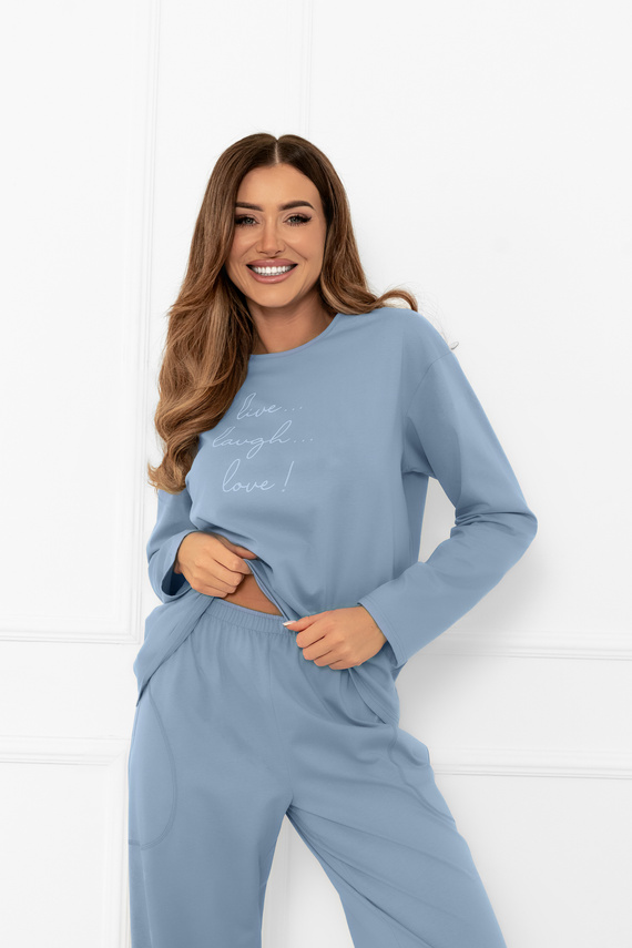 Дамска пижама Ksara Italian Fashion - памук, дълъг ръкав и панталон с джобове - стомана 