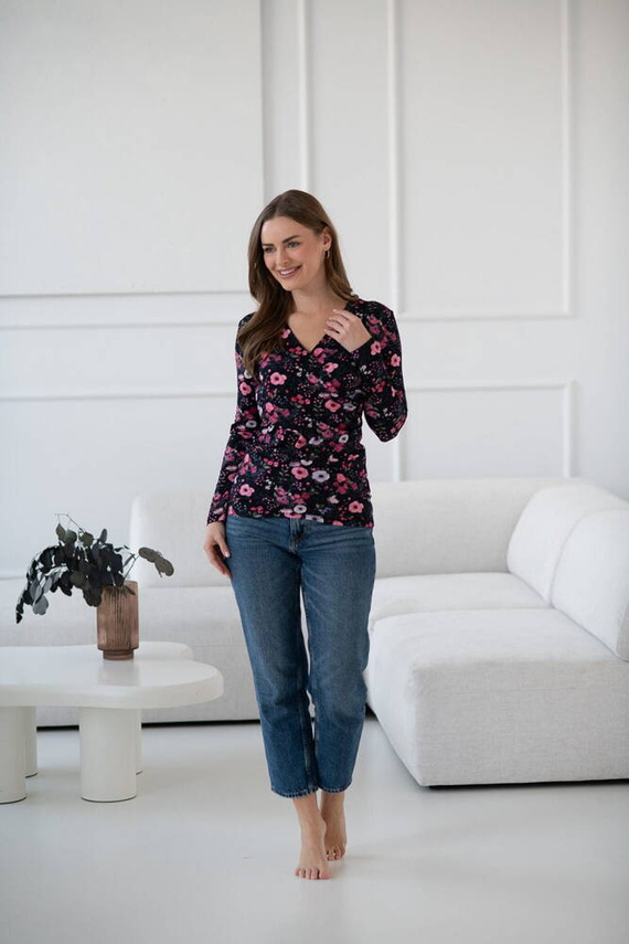 Черна блуза за кърмачки и бременни на цветя Milk Bar Milk&Love