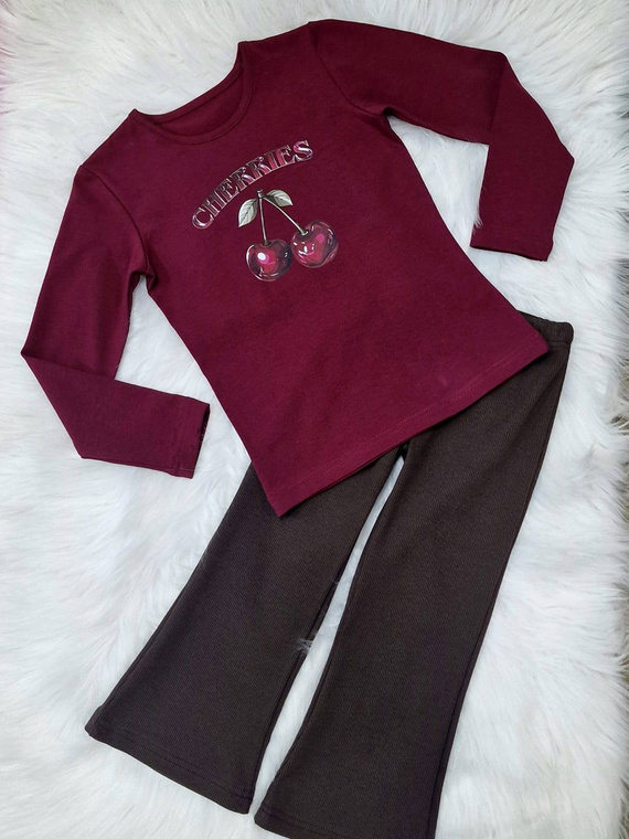Памучна блуза за момиче в бордо цвят, с дълъг ръкав и щампа Cherries Bambarillo