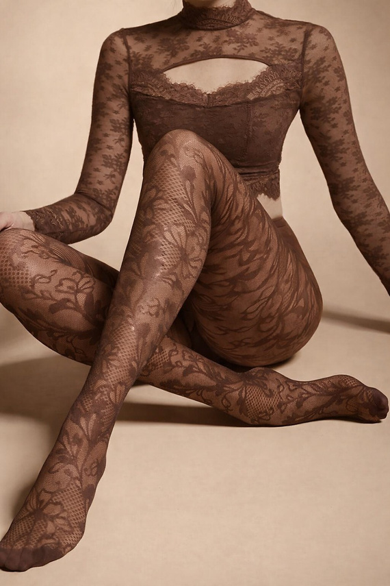 Дамски чорапогащник Knittex Chantilly 30 den – дантелен флорален десен mocca