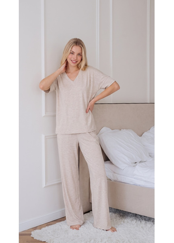 Luna 1314 бежова дамска пижама oversize 100% памук широки панталони