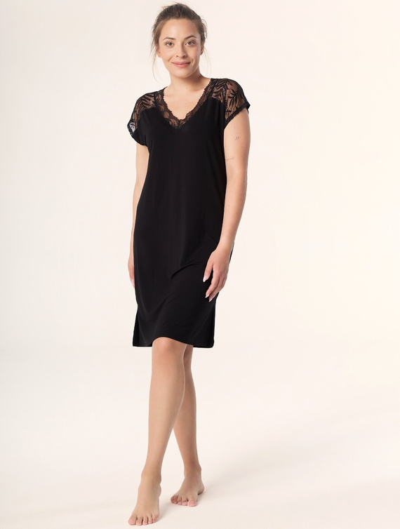 Черна нощница Petra KB59 Mefemi Nipplex – вискоза, дантела, къс ръкав, над коляното