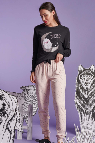 Черна дамска пижама Shearly Sorbetto - 100% памук, 3D апликация, панталон с маншети