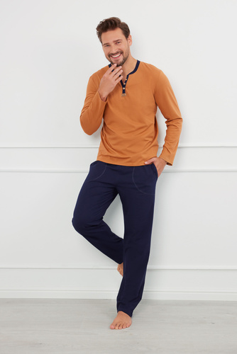 Julius Мъжка пижама с дълъг ръкав и дълъг панталон Италианска мода - коняк/зелено 