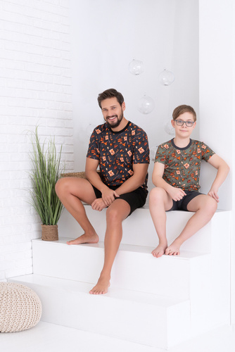 Пижама с къс ръкав, панталон, италианска мода - маслина/графит