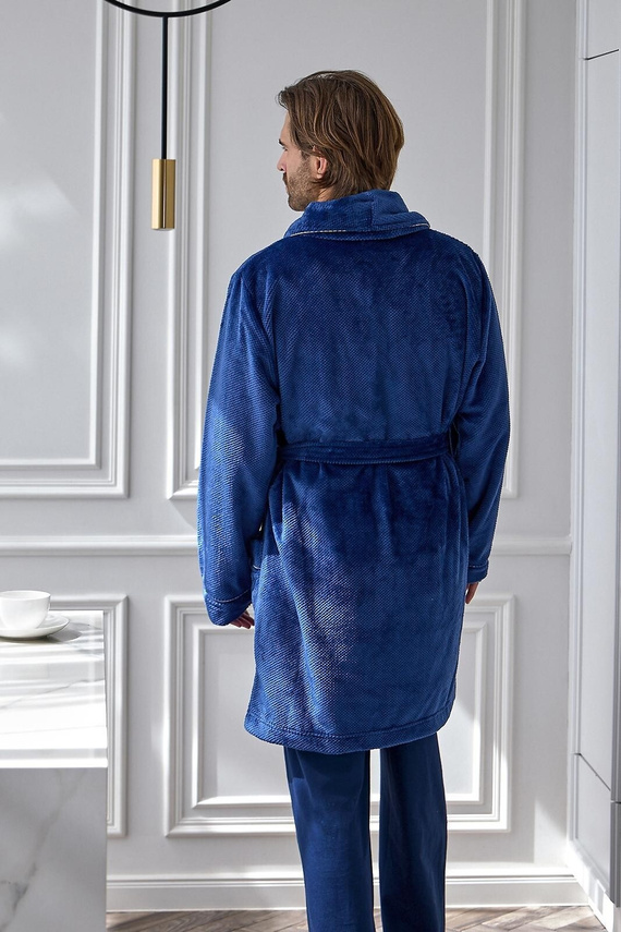 L&L Elegant 2664 Мъжки къс халат от вафлен плат, мек с яка, тъмносин