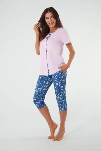 Дамска пижама с къс ръкав, 3/4 панталон Италианска мода розово/принт