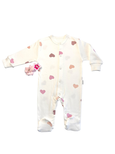 Бебешки гащеризон Mamatti PA15040 – бял със сърца, памук, с копчета