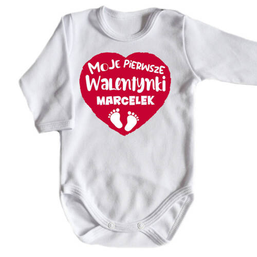 SKU N070 "Моят първи Свети Валентин + име" Бяло боди с дълъг ръкав Moocha