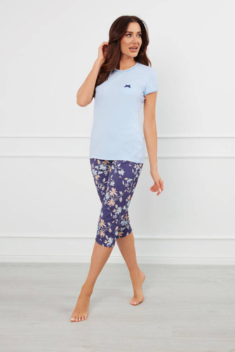 Pulia Дамска пижама с къс ръкав, 3/4 панталон Италианска мода - синьо/печат