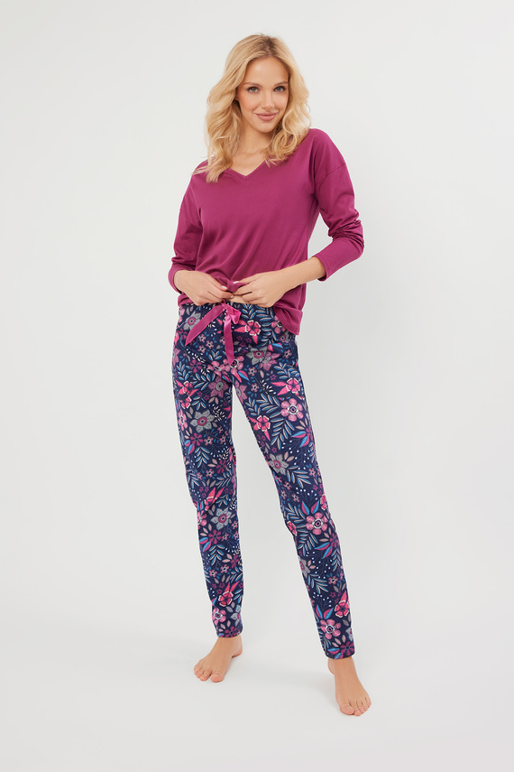 Folk Дамска пижама с дълъг ръкав и дълъг панталон Италианска мода - къпина/принт