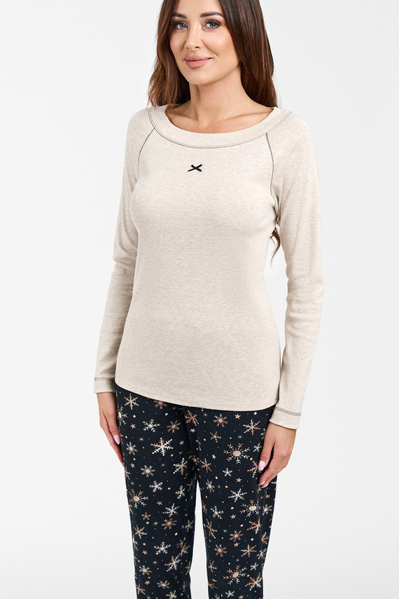 Denali Дамска пижама с дълъг ръкав и дълъг панталон Италианска мода - бежов меланж/принт