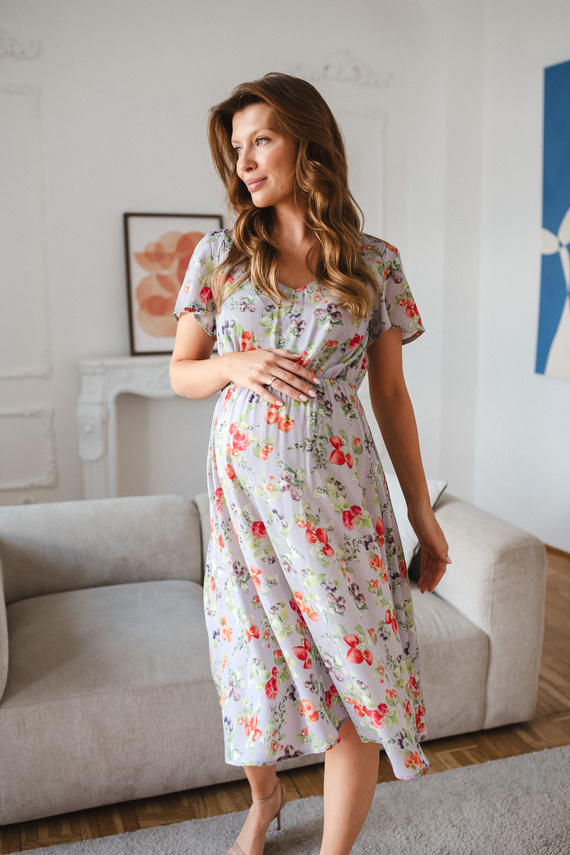 Lovely Dress Midi Milk&Love рокля за бременни и кърмещи светлосиня с плодове