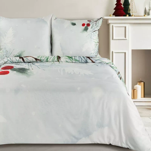 Коледно спално бельо Robin, елха с украса, европердета, сиво